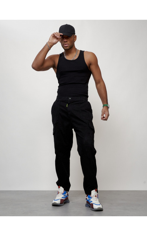 Мужские брюки карго с накладными карманами, чёрные в Тюмени