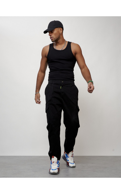 Мужские брюки карго с накладными карманами, чёрные в Тюмени