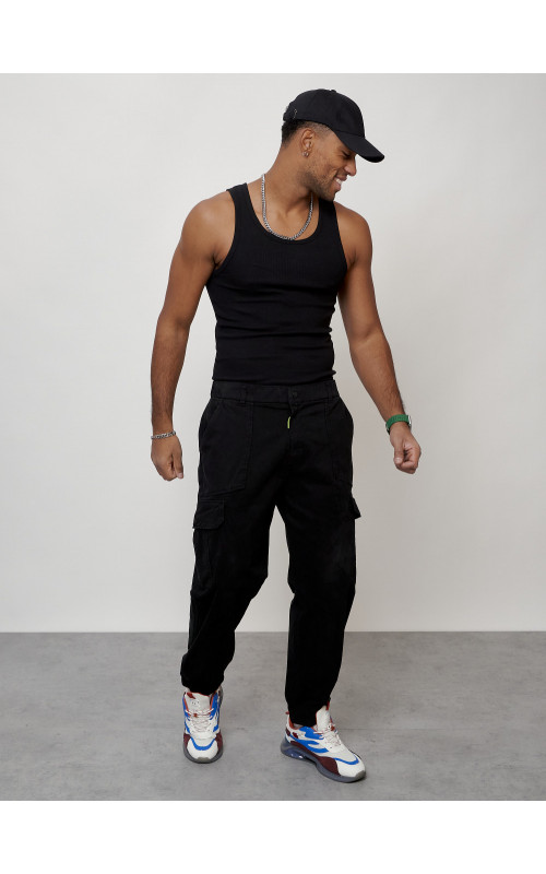 Мужские брюки карго с накладными карманами, чёрные в Тюмени