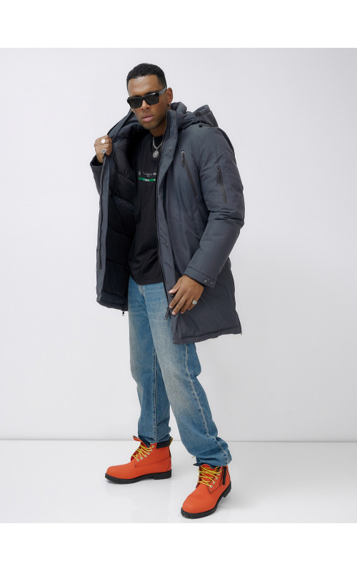 Мужская зимняя удлиненная парка темно-серого цвета. в Тюмени