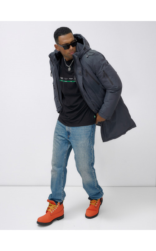 Мужская зимняя удлиненная парка темно-серого цвета. в Тюмени