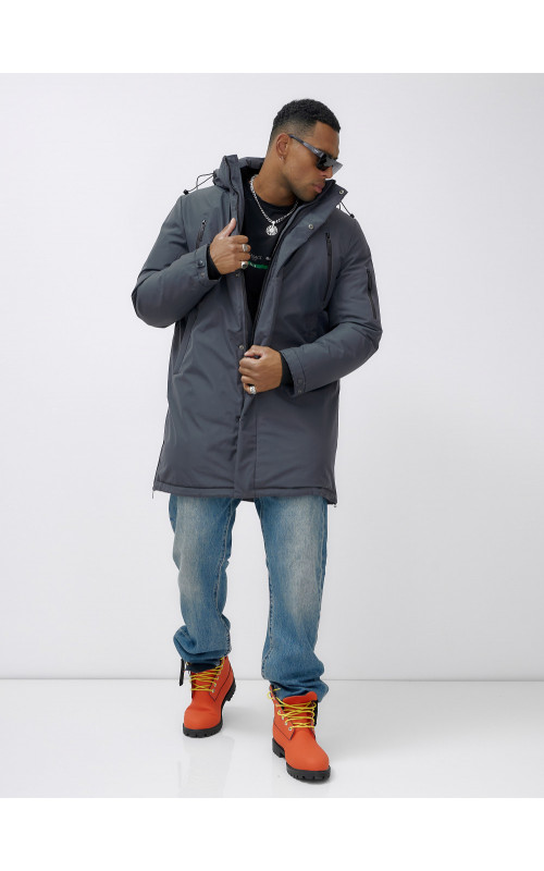 Мужская зимняя удлиненная парка темно-серого цвета. в Тюмени