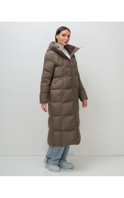 Длинный женский пуховик с капюшоном для зимы