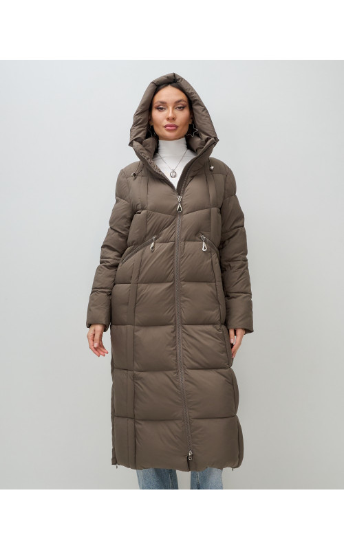Длинный женский пуховик с капюшоном для зимы