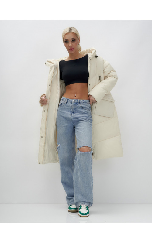 Длинный женский пуховик с капюшоном