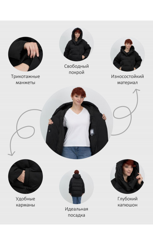 Женский модный пуховик с капюшоном, чёрный. в Тюмени
