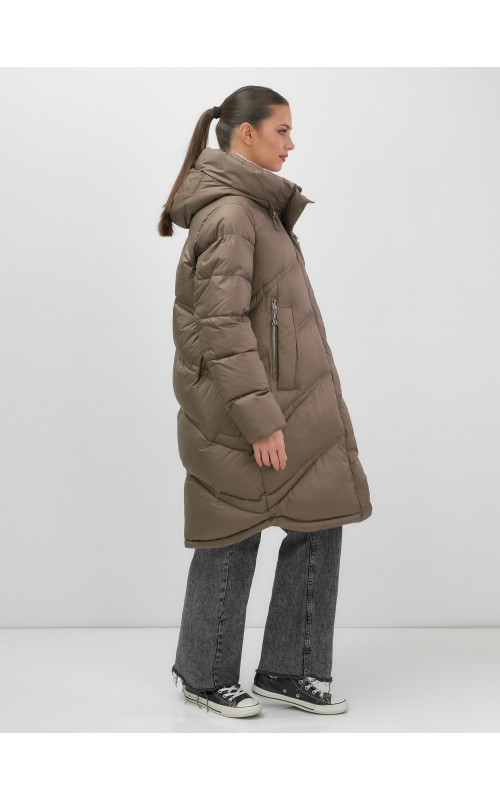 Длинный зимний пуховик с капюшоном для женщин