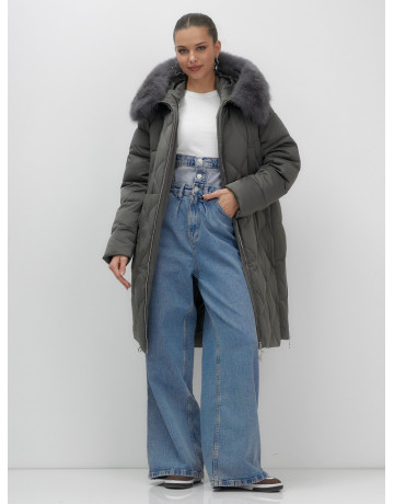 Длинный зимний пуховик с мехом песца.