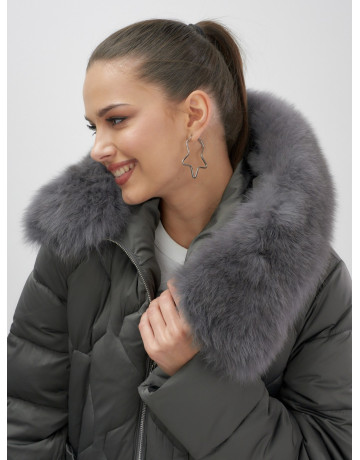 Длинный зимний пуховик с мехом песца.