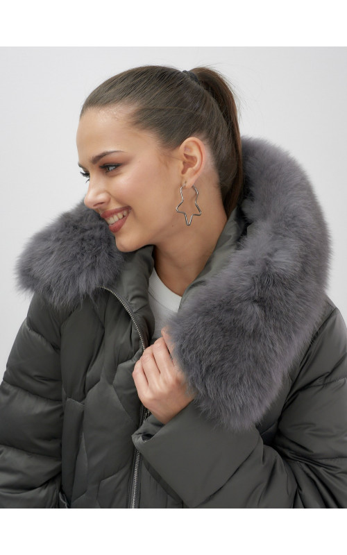 Длинный зимний пуховик с мехом песца.