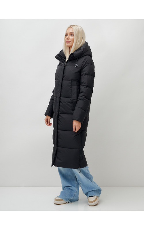 Длинный пуховик женский чёрный утеплённый с капюшоном. в Тюмени