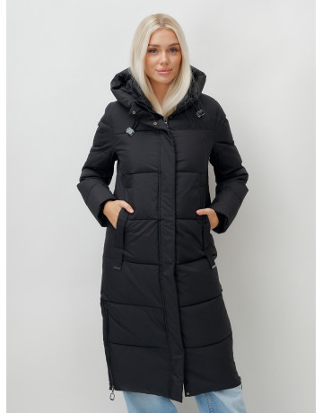 Длинный пуховик женский чёрный утеплённый с капюшоном. в Тюмени