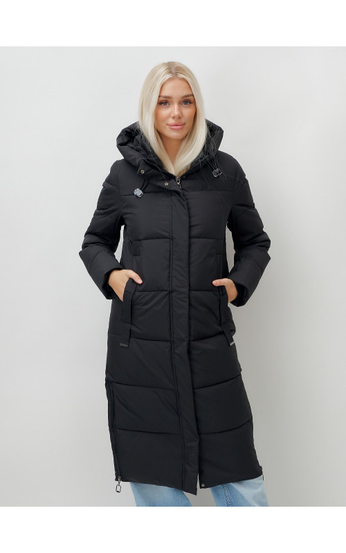 Длинный пуховик женский чёрный утеплённый с капюшоном. в Тюмени