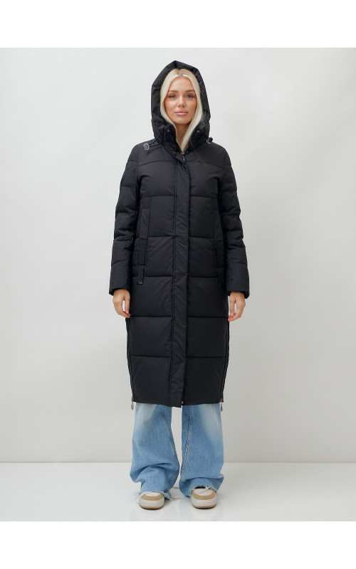 Длинный пуховик женский чёрный утеплённый с капюшоном. в Тюмени