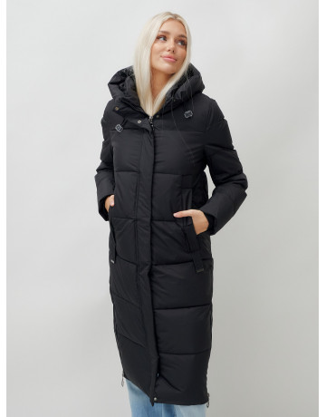 Длинный пуховик женский чёрный утеплённый с капюшоном. в Тюмени