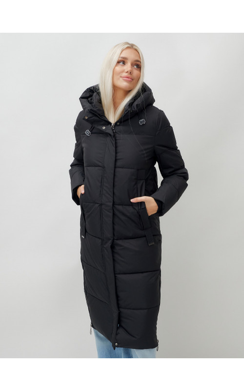 Длинный пуховик женский чёрный утеплённый с капюшоном. в Тюмени
