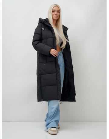 Длинный пуховик женский чёрный утеплённый с капюшоном. в Тюмени