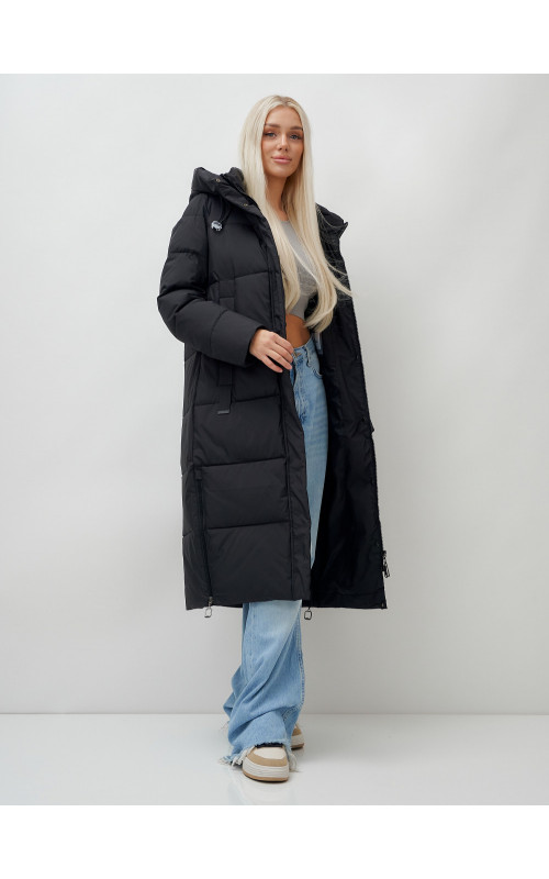 Длинный пуховик женский чёрный утеплённый с капюшоном. в Тюмени
