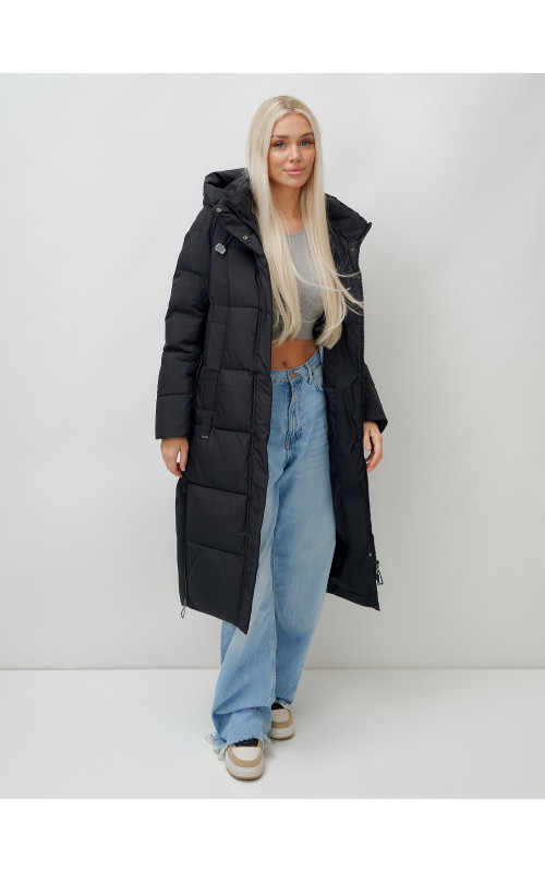 Длинный пуховик женский чёрный утеплённый с капюшоном. в Тюмени