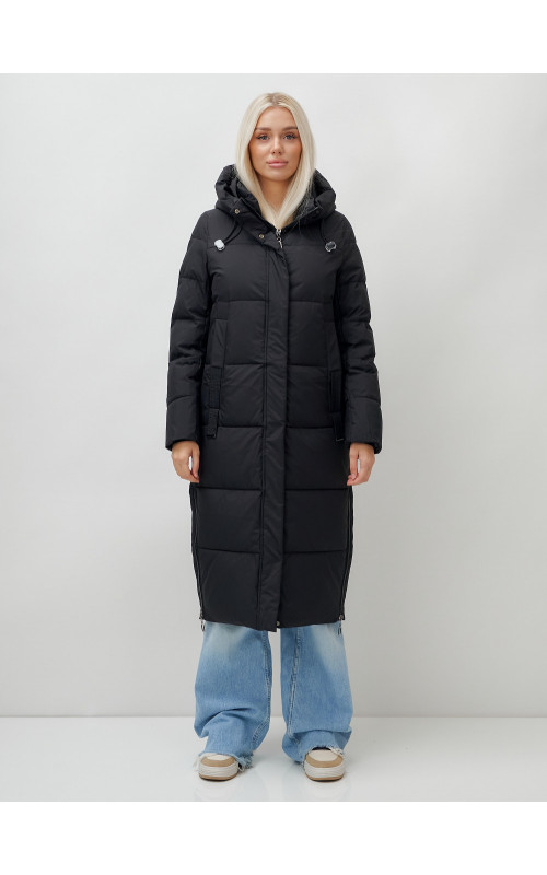 Длинный пуховик женский чёрный утеплённый с капюшоном. в Тюмени