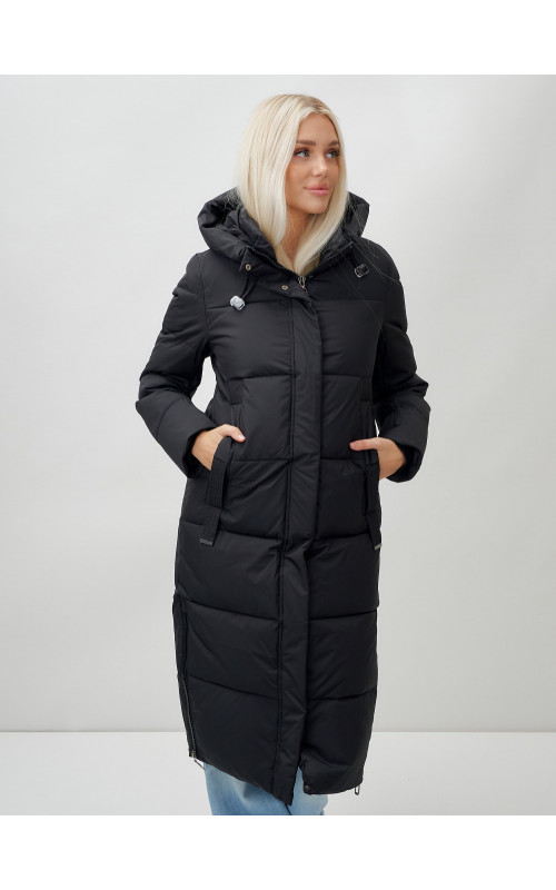 Длинный пуховик женский чёрный утеплённый с капюшоном. в Тюмени