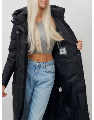 Длинный пуховик женский чёрный утеплённый с капюшоном. в Тюмени