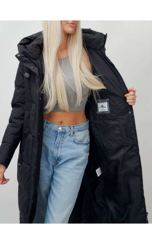 Длинный пуховик женский чёрный утеплённый с капюшоном. в Тюмени