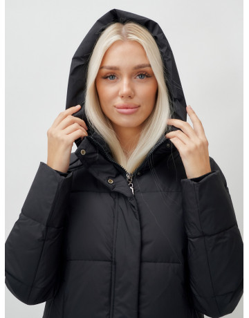 Длинный пуховик женский чёрный утеплённый с капюшоном. в Тюмени