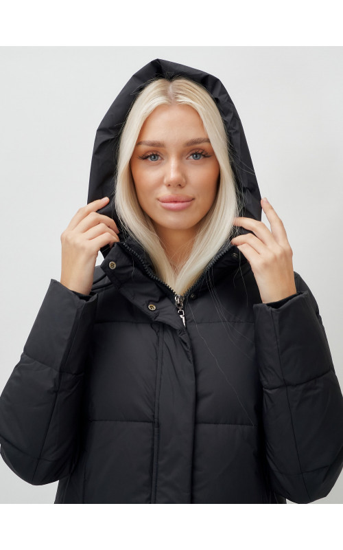 Длинный пуховик женский чёрный утеплённый с капюшоном. в Тюмени