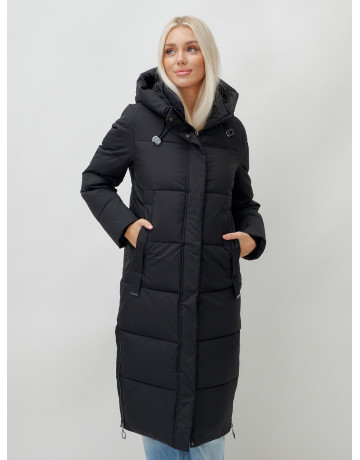 Длинный пуховик женский чёрный утеплённый с капюшоном. в Тюмени