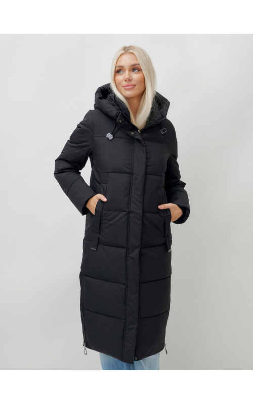 Длинный пуховик женский чёрный утеплённый с капюшоном. в Тюмени