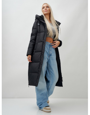 Длинный пуховик женский чёрный утеплённый с капюшоном. в Тюмени