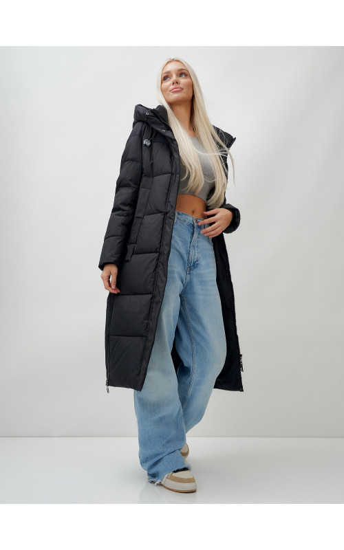 Длинный пуховик женский чёрный утеплённый с капюшоном. в Тюмени