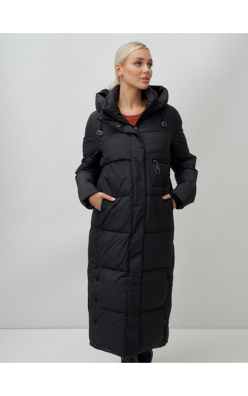 Длинный пуховик женский зимний с капюшоном чёрный в Тюмени