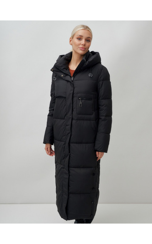 Длинный пуховик женский зимний с капюшоном чёрный в Тюмени
