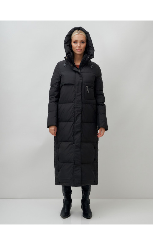 Длинный пуховик женский зимний с капюшоном чёрный в Тюмени