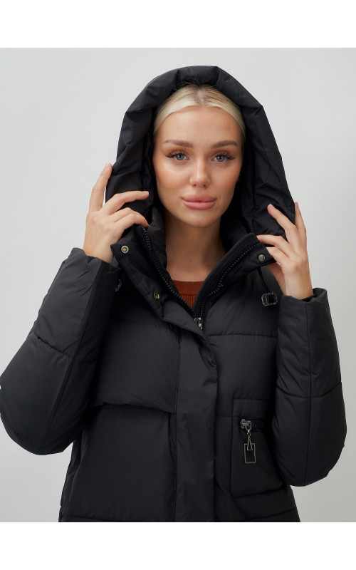 Длинный пуховик женский зимний с капюшоном чёрный в Тюмени