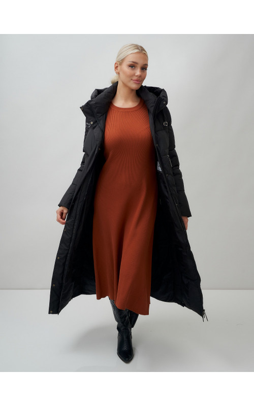 Длинный пуховик женский зимний с капюшоном чёрный в Тюмени