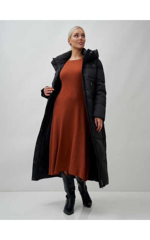 Длинный пуховик женский зимний с капюшоном чёрный в Тюмени