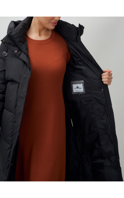 Длинный пуховик женский зимний с капюшоном чёрный в Тюмени