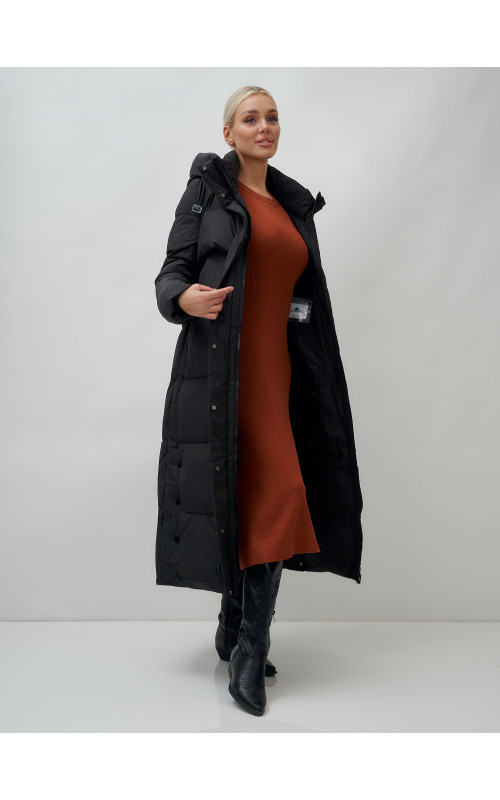 Длинный пуховик женский зимний с капюшоном чёрный в Тюмени