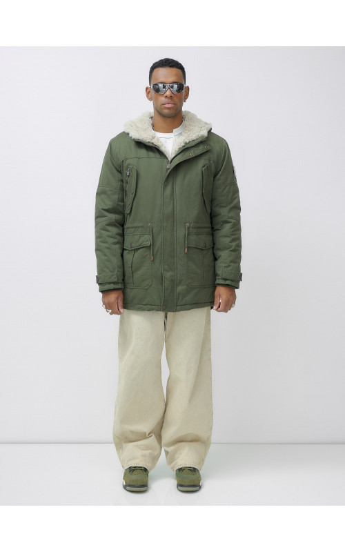 Мужская зимняя удлиненная парка с мехом цвета хаки для активного отдыха в Тюмени