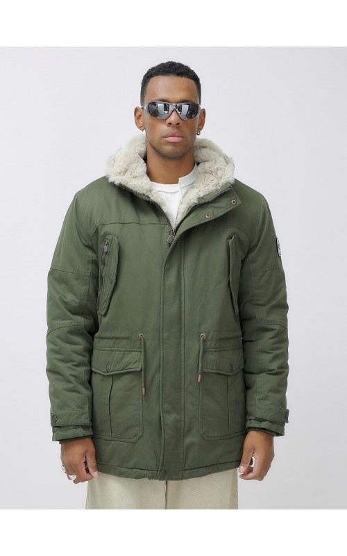 Мужская зимняя удлиненная парка с мехом цвета хаки для активного отдыха в Тюмени