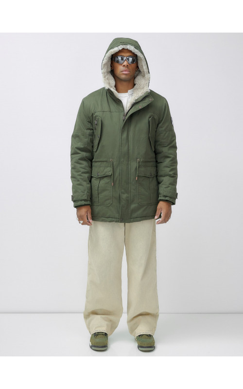 Мужская зимняя удлиненная парка с мехом цвета хаки для активного отдыха в Тюмени