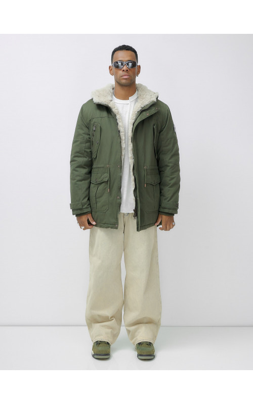 Мужская зимняя удлиненная парка с мехом цвета хаки для активного отдыха в Тюмени