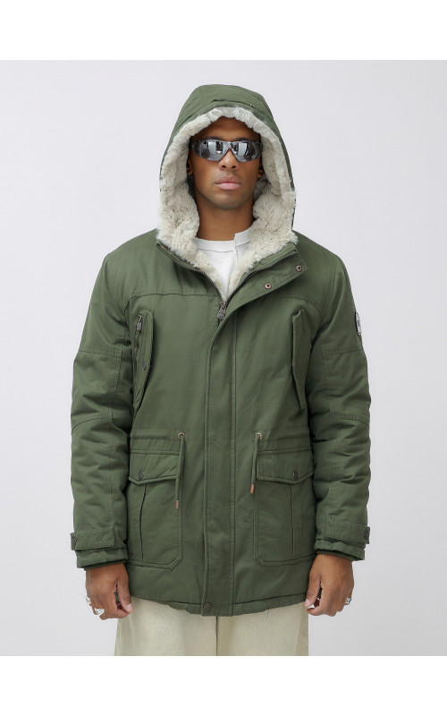 Мужская зимняя удлиненная парка с мехом цвета хаки для активного отдыха в Тюмени