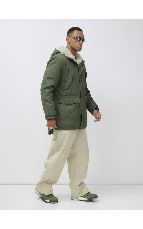 Мужская зимняя удлиненная парка с мехом цвета хаки для активного отдыха в Тюмени