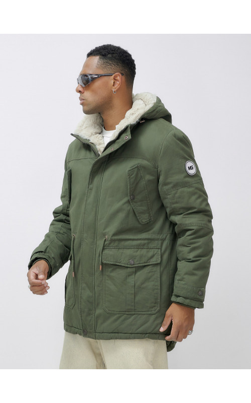 Мужская зимняя удлиненная парка с мехом цвета хаки для активного отдыха в Тюмени