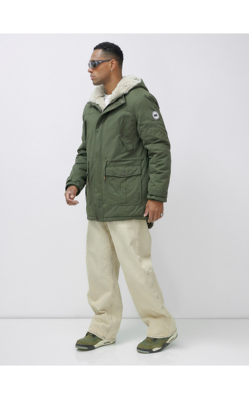 Мужская зимняя удлиненная парка с мехом цвета хаки для активного отдыха в Тюмени