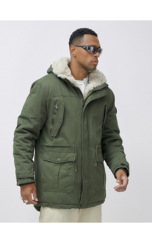 Мужская зимняя удлиненная парка с мехом цвета хаки для активного отдыха в Тюмени